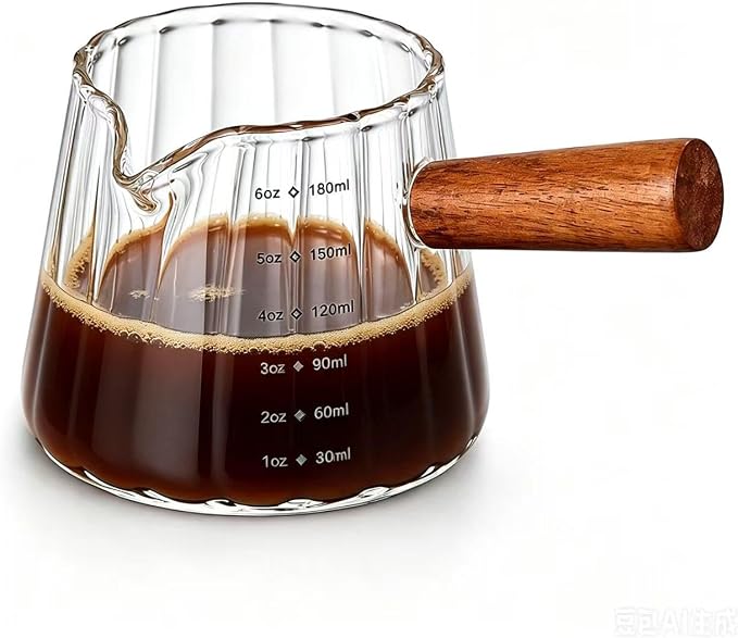 6 oz Espresso Cups - Glass Measuring Cups with Spout - Ribbed Small Creamer Pitcher- Expresso Shots Cup with Wood Handle for Coffee Milk, Dishwasher Safe (Transparent, 1 pack)