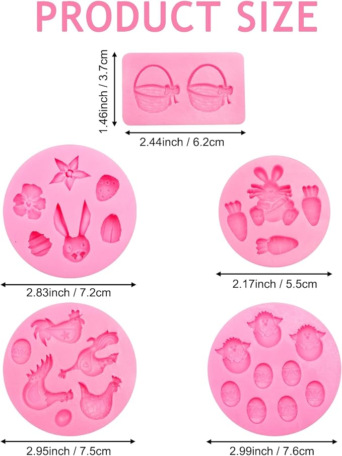 Easter Silicone Fondant Molds Set of 5, Bunny Chick Egg Rooster Basket Chocolate Molds for Cake Decorating Cupcake Topper Candy Gummy