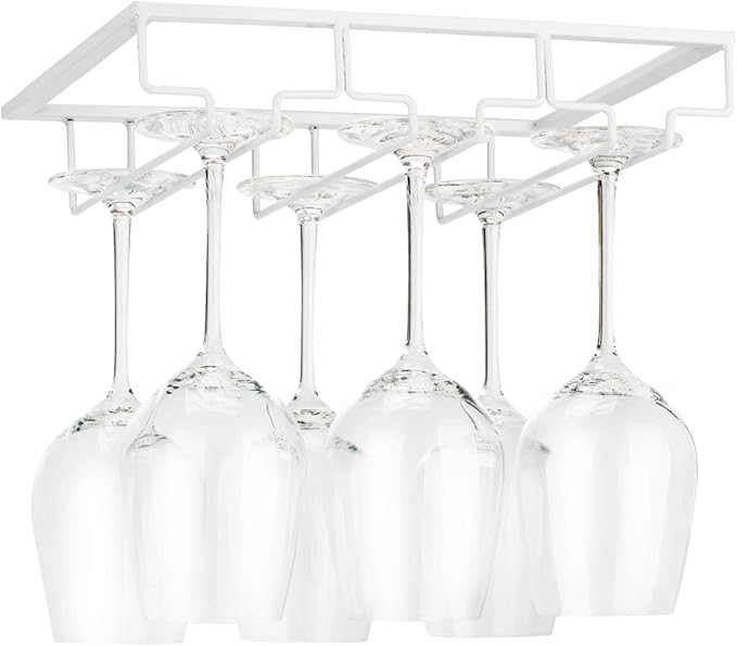 FOMANSH Wine Glass Rack - Under Cabinet Stemware Wine Glass Holder Glasses Storage Hanger Metal Organizer for Bar Kitchen White