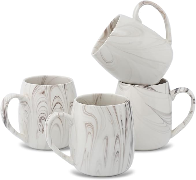 Lorren Home Trends Marble Pattern Stoneware Coffee Mugs, Brown and White Swirl Design, Set of 4