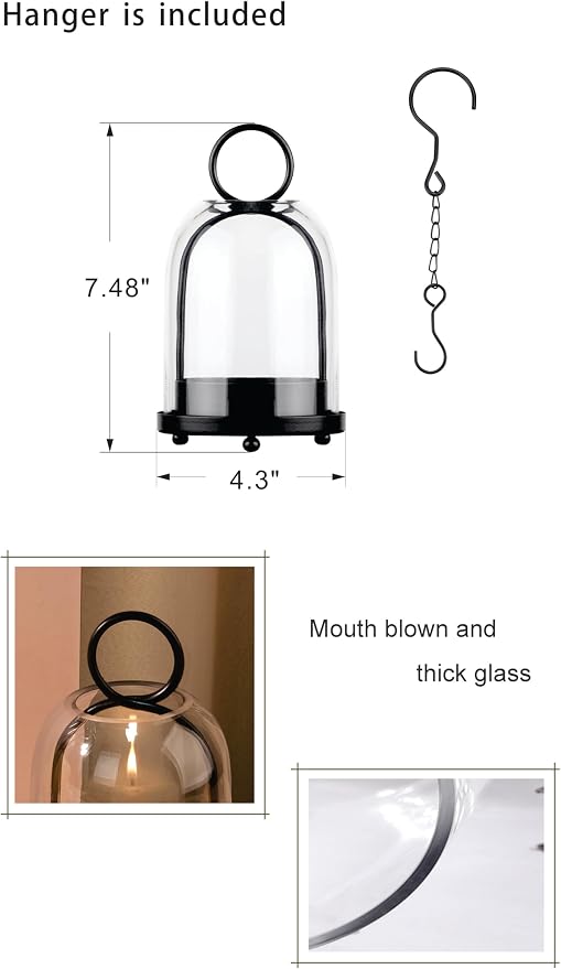 7.5" High Versatile Modern Metal Hurricane Lantern with Handmade Sturdy Glass Dome in Black for 2" Pillar Candle & Plants, for Living Room, Porch, Mantel Decoration (Black, 4" x7.5 for 2" Pillar)