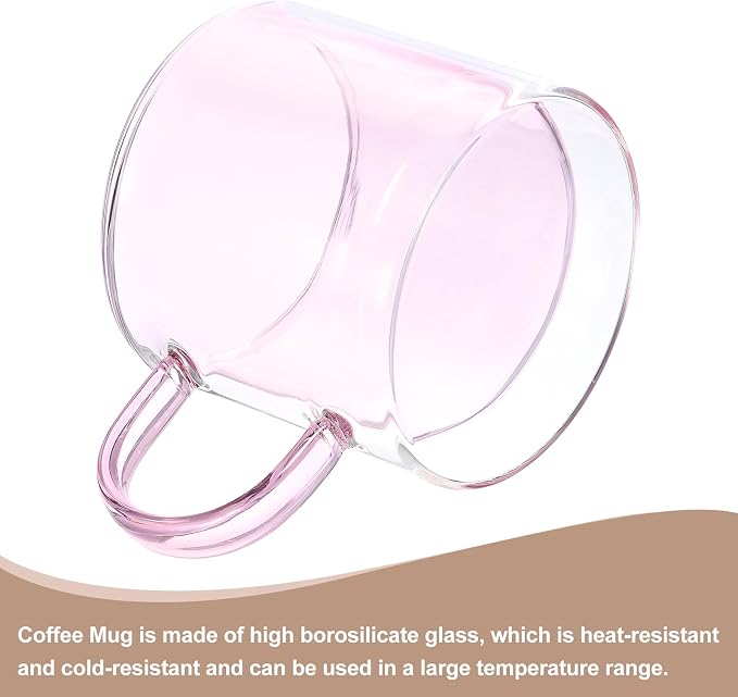 uxcell 8.4 oz Double Wall Glass Coffee Mugs, Glass Tea Cup with Widened Handles for Espresso Coffee, Cappuccino, Tea Bag, Latte, Hot Cold Beverages, Juice, Pink