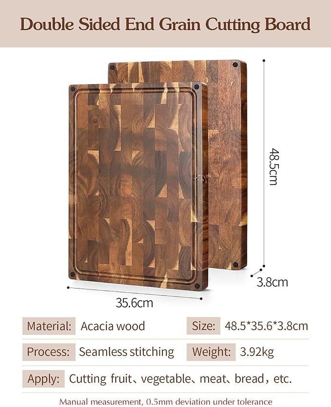 XINZUO Large Thick End Grain Acacia Wood Cutting Board- (19''L x 14''W x 1.5''T) Reversible Wooden Chopping Board with Non-Slip Feet, Built-in Handles and Juice Groove- Butcher Block Cutting Board