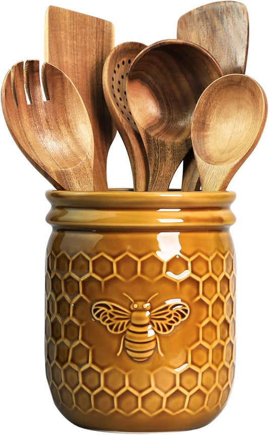 Retro Honeycomb and Bee Embossed Ceramic Kitchen Utensil Holder, Large Cooking Utensil Crocks for Kitchen Countertop, Ceramic Utensil Organizer for Spatula, Kitchen, Home Decoration