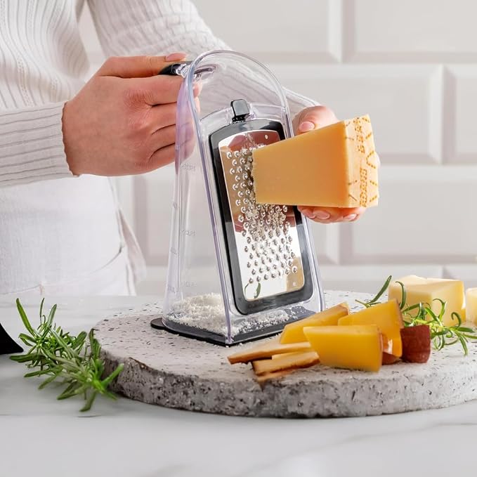 GINSU Plastic 3-in-1 Ergonomic Grater – 5x4x8in Multifunctional Cheese, Vegetable & Fruit Grater with Non-Slip Base and Comfortable Handle for Easy Kitchen Prep