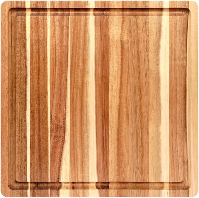 Large 16" Square, 1.5" Thick Acacia Solid Cutting Board, Wooden Chopping Board for Meat, Cheese and Charcuterie Board Built-in Handles with Juice Grooves, Durable, Easy Clean Kitchen Gift