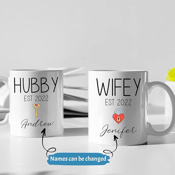 Custom Name With Est Coffee Mug, Hubby Wifey Mug Set Of 2, Personalized Couple Mug Cup For Valentines Day, Lover Mug, Couple Mugs Set, Couple Mugs, Wedding Mug, Couple Gifts, White 11oz Or 15oz