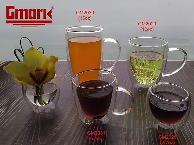 Gmark Large Coffee Mugs Set of 2 (12 oz, 350 ml), Double Wall Tumbler Glass Cup, Insulated Coffee Cups for Tea, Latte, Espresso, Juice, or Water GM2029