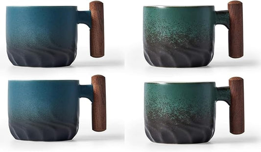 2.5oz Ceramic Espresso Cups with Wooden Handle, Chinese KungFu Tea Cup, Coffee Cups Set of 4 (Green/Blue)