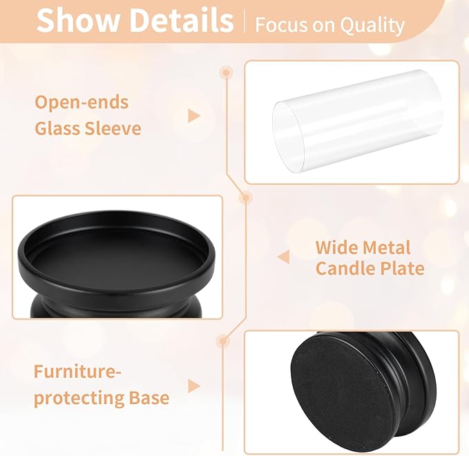 NUPTIO Hurricane Glass Candle Holder: Set of 2 Black Pillar Candle Holders with Glass Cylinder - Metal Pillars Candleholder for Halloween Thanksgiving Fireplace Living Room Decor