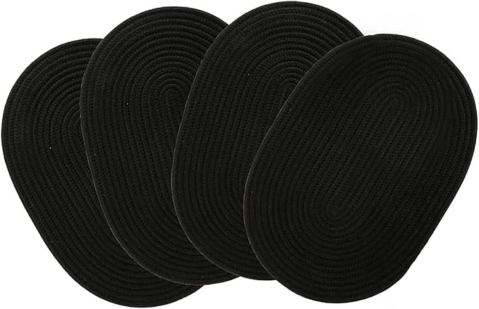 Oval Woven Placemats Set of 4, Rattan Placemats 12x16 Inch Cotton Wicker Placemats Farmhouse Boho Circle Braided Heat Resistant Outdoor Placemats Patio Table Place Mats (Black)