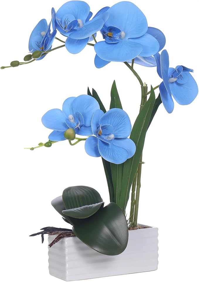 Artificial Real Touch Orchid Flowers in Pot Fake Phalaenopsis Flower with White Ceramic Vase Faux Orchids Arrangement for Home Table Office Wedding Party Decoration (Blue)