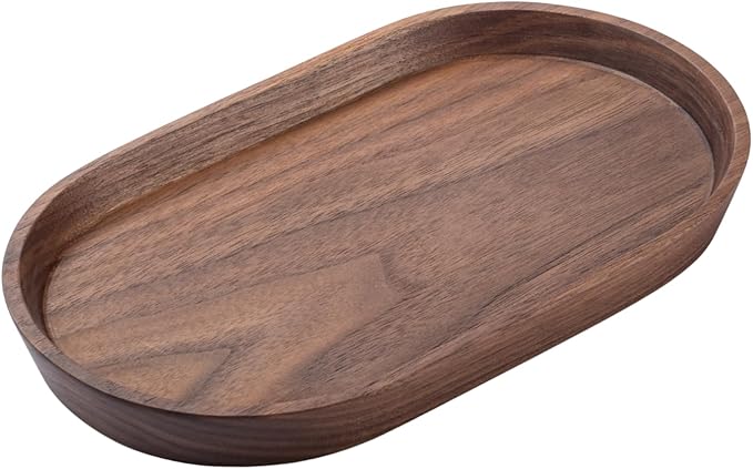 Vandroop Wooden Mini Serving Tray for Parties, Tea&Coffee Table Tray, Small Oval Wood Plate for Fruit&Snacks, Decorative Tray for Jewellery Key Coin, Tray for Bathroom (Walnut, 7.8”×4.66”)