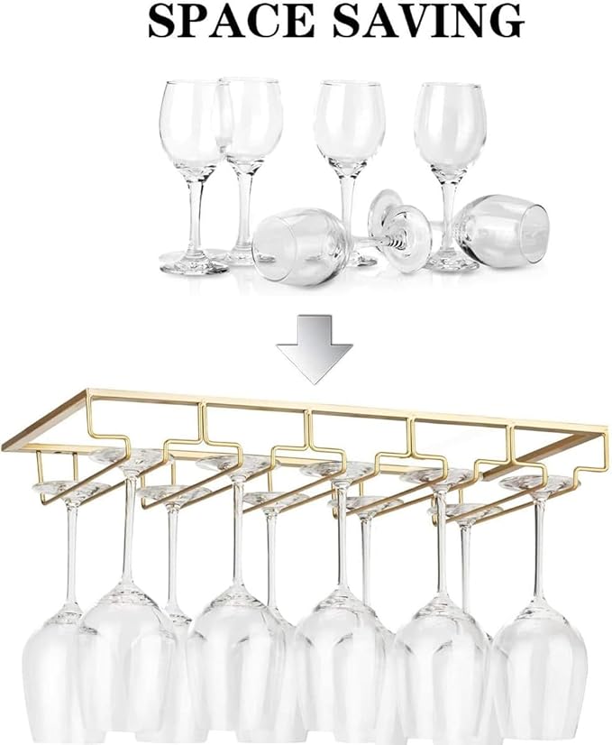 FOMANSH Wine Glass Rack - Under Cabinet Stemware Wine Glass Holder Glasses Storage Hanger 2 Pack Metal Organizer for Bar Kitchen 5 Rows Gold