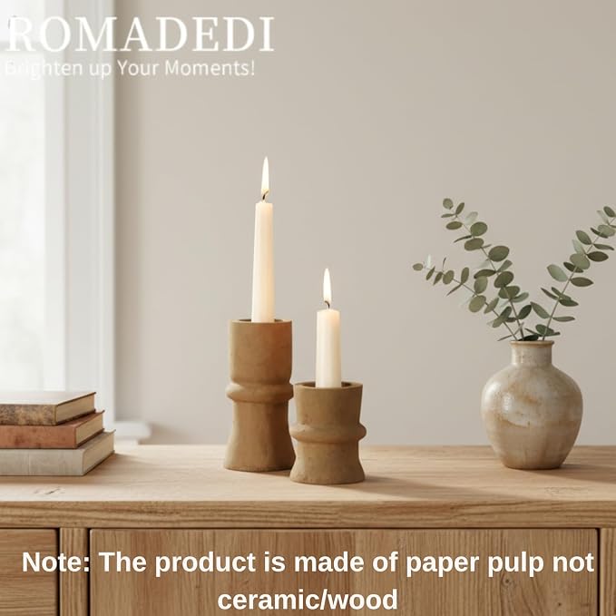 Romadedi Candlestick Holders Boho Decor: Taper Candle Holders Paper Mache for Living Room Modern Decorations Candle Stick Dining Table Centerpiece Fireplace Home Decoration Brown