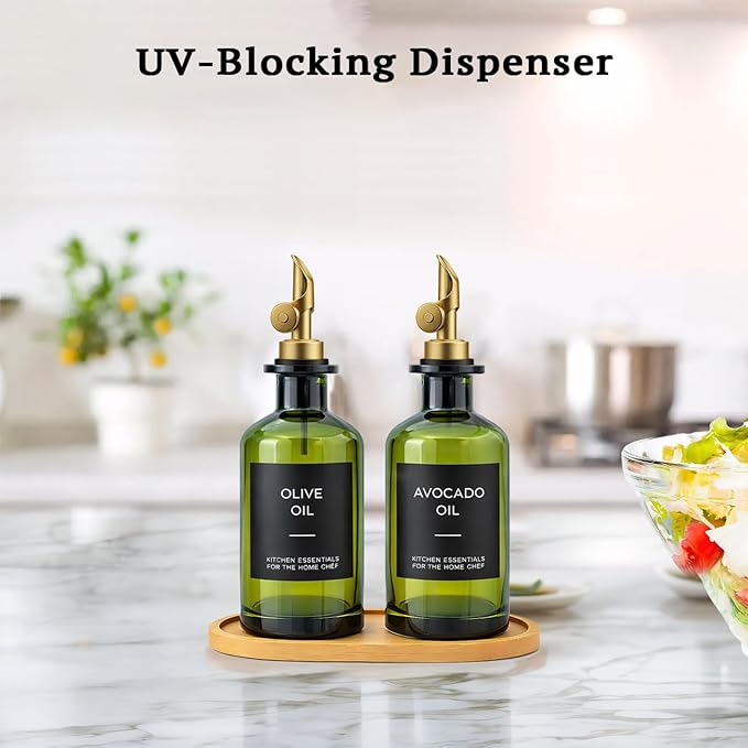 Olive Oil Dispenser Set, 2 x 11.8oz Deep Green Glass Bottles with Auto-Flip Spouts & 2 Capped Spare Spouts, Bamboo Tray, Oil & Vinegar Cruet (Green)