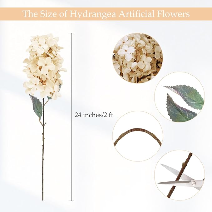 2FT Hydrangea Artificial Flowers - 10 PCS Long Stem Faux Cone Hydrangeas for Tall Vase, DIY Vintage Floral Table centerpieces for Dining Room, and Home Kitchen Decorations - Ivory White