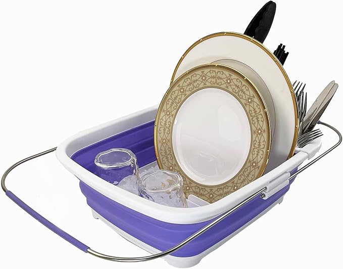 SAMMART 8L (2.11Gallons) Expandable Collapsible Dish Drainer - Foldable Drying Rack - Space Saving Kitchen Storage Tray (White/Very Peri, 1)