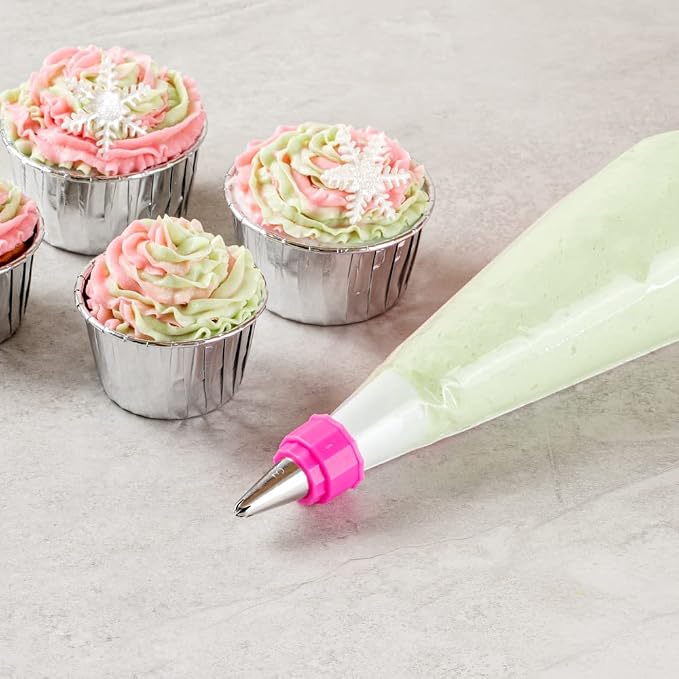 Restaurantware COUPLER ONLY: Pastry Tek 1.1 x 2.4 Inch Swirl Coupler 1 Durable Tip Coupler - Dual Tone Piping Bag Sold Separately Pink & White Plastic Icing Tip Coupler For 0.7 to 1 Inch Tips