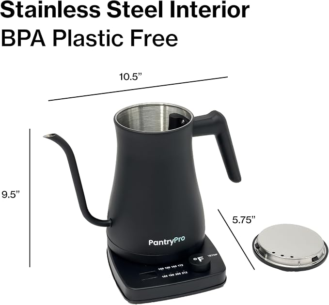 PantryPro Gooseneck Electric Kettle with Temperature Control, 34oz/1.0L Rapid Boil, Stainless Steel Interior, Auto Shut-Off, 1500W, Boil-Dry Protection, LED Indicator - Black