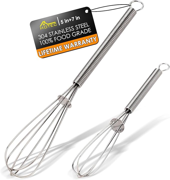 HOTEC 5 & 7 Inch Mini Whisks Anti-Rust 304 Stainless Steel Small Whisk for Cooking, Baking, Mixing Ingredients & Deep Containers