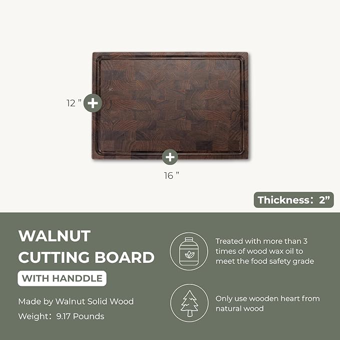 muso wood End Grain Cutting Board, Black Walnut Wood, 2" Thick Dual-Sided Wooden Chopping Board with Juice Groove & Handle - Idea for meat cutting, vegetable dicing, and fruit processing, 16 x 12 inch
