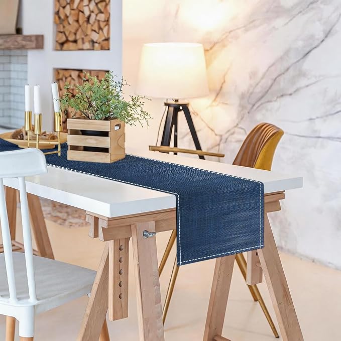 Niviy Dark Blue Table Runner, 12x72 Inch Washable Easy to Clean Farmhouse Navy Blue Table Runners for Holiday Party Kitchen Dining Room Decoration