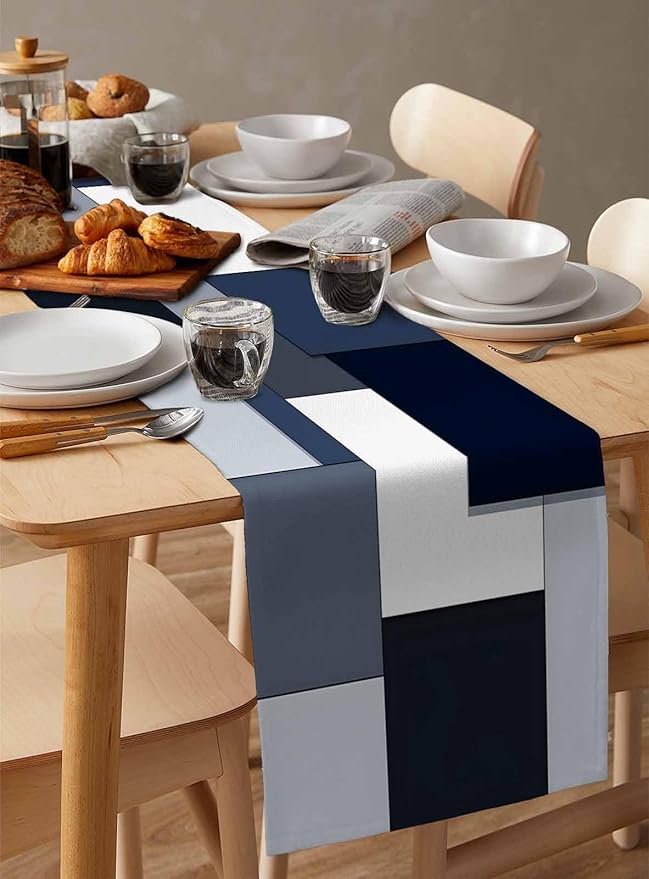Modern Black White Table Runner 60 Inch Long Dresser Scarves Abstract Grey Blue Cotton Linen Tablerunners Patchwork Geometric Dining Kitchen Burlap Table Setting Decor for Party Holiday Home, 13"x60"