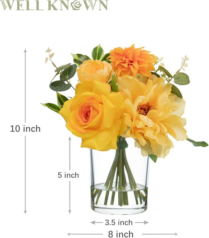 WELL KNOWN Artificial Flowers in Glass Vase with Fake Water, Silk Peony Rose Flower Bouquet for Home Dining Table, Office, Hotel, Wedding, Birthday Party, Lavatory Decor & Mom's Gift (Yellow & Orange)