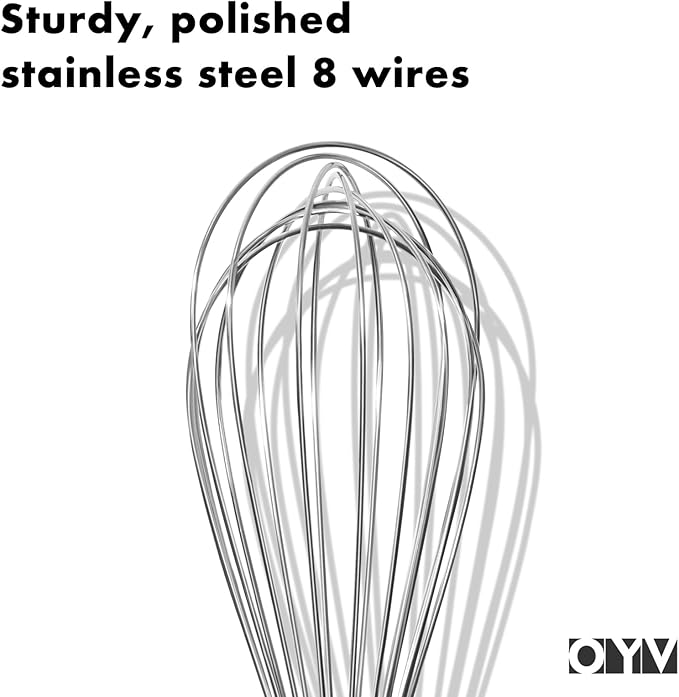 OYV 8" Whisk, Ergonomic Handle, Dishwasher Safe 18/10 Stainless Steel Whisk, Professional Kitchen Metal Wisk, Perfect for Whisking, Blending, Beating, and Baking