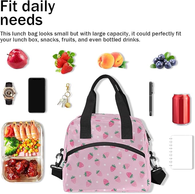Strawberry Dots Pattern Insulated Lunch Bag for Women Men Reusable Lunch Box Cooler Bag Large Leakproof Lunch Tote with Adjustable Shoulder Strap for Adult Work Picnic Camping Beach Office