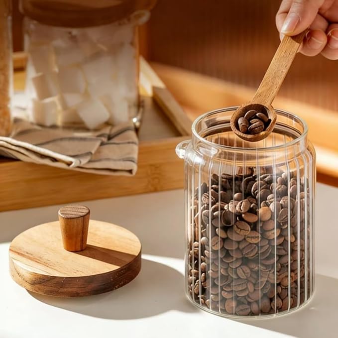 ANSQU Glass Jar with Wooden Lid & Spoon, 20.3oz Food Storage Containers Coffee Jar Coffee Grounds Container, Coffee Canister holds up to 7.4oz Coffee Beans (1 Pack)