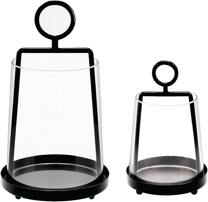 9" & 6" Wide Modern Farmhouse Metal Hurricane Candle Holder with Handmade Sturdy Glass Sleeve in Black for Pillar Candle & Plants, Glass Hurricane Lantern, Industrial, Minimalistic