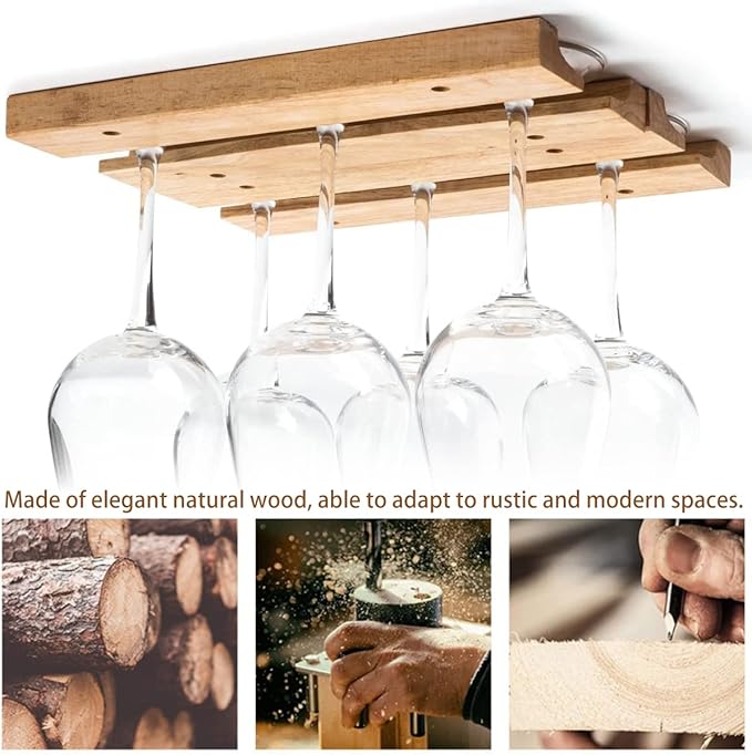 Woody Wine Glass Holder Rack 11 Inch Woody Hanging Wine Glass Holder Mounted Under-Cabinet Stemware Storage Rack with 8 Mounting Screws No Drilliing(4 rows 2 rows)
