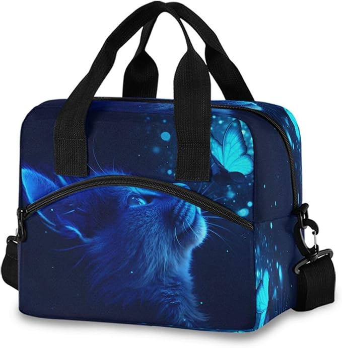 ALAZA Cat and Butterfly with Blue Light Lunch Box for Men Women Adults Insulated Lunch Bag Cooler Bag with Adjustable Shoulder Strap for Work Picnic Travel