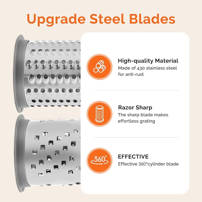 UHIYEE Patented Rotary Parmesan Cheese Grater, Hand Crank Cheese Shredder with Fine & Coarse Drums, Restaurant Quality, White, Stainless Steel & ABS, Dishwasher Safe