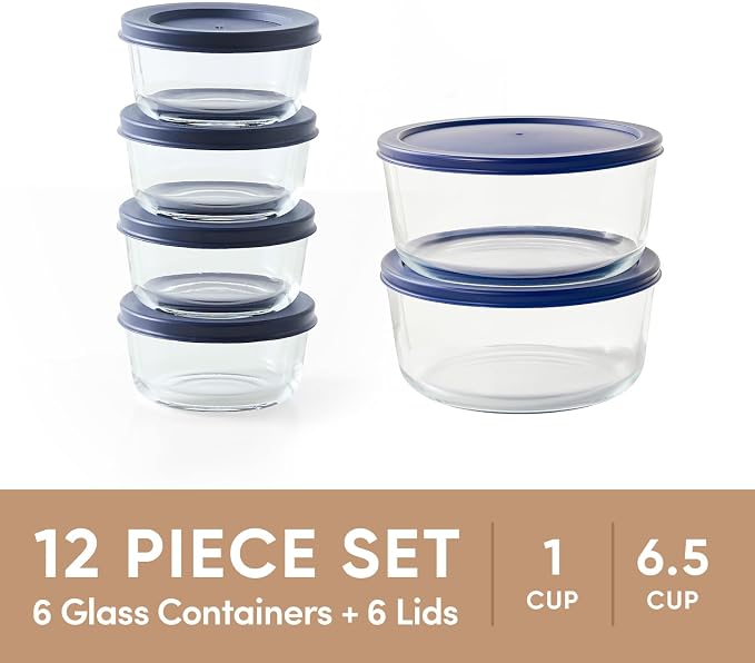 12-Piece Glass Food Storage Containers Set (6 Containers + 6 BPA-Free Lids) | 1-Cup & 6.5-Cup, Leakproof | Microwave, Freezer, Oven & Dishwasher Safe | Ideal for Meal Prep & Pantry Organization, Blue