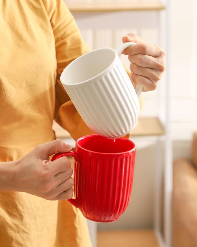 HASENSE 20 Oz Ceramic Coffee Mug with Handle, Modern Ribbed Design Tea Cup, Dishwasher & Microwave Safe, Ideal for Latte, Cocoa, Coffee & Holiday Gifts (Thanksgiving, Christmas), White