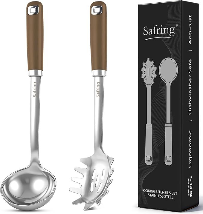 Safring Stainless Steel Soup Ladle and Spaghetti Spoon Set, Heat Resistant Rubber Handle, Dishwasher Safe, Kitchen Utensils for Cooking, Stirring, Serving Pasta, Soup & Sauce (Coffee)