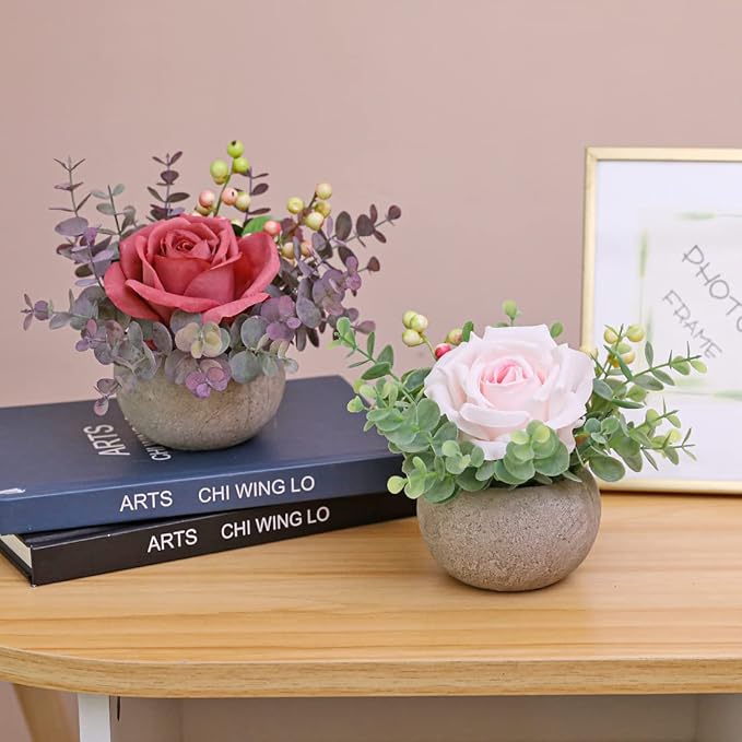 Small Artificial Light Pink Rose Potted Plant, 6" Fake Silk Flowers in 3.5" Round Pot, Mini Faux Floral Arrangement for Desk Shelf Bathroom Decor