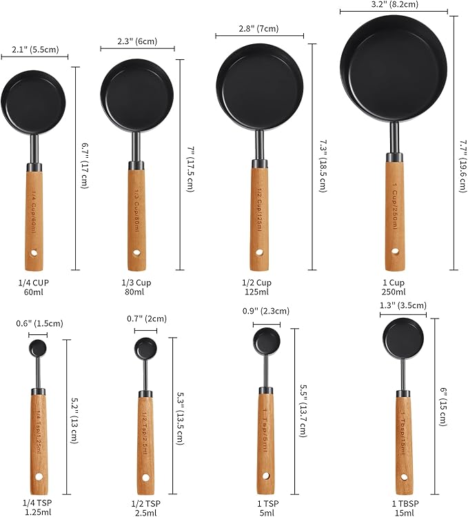 GuDoQi 8Pcs Measuring Cups and Spoons Set, Wooden Handle, Premium Stainless Steel with Metric & US Measurements, Nesting for Dry/Liquid Kitchen/Food/Baking, Black