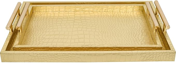 Set of 2 Modern Elegant Large Wood Serving Tray, Rectangle Decorative Tray Ottoman Tay Coffee Table Tray, Gold Crocodile Leather with Gold Polished Metal Handles