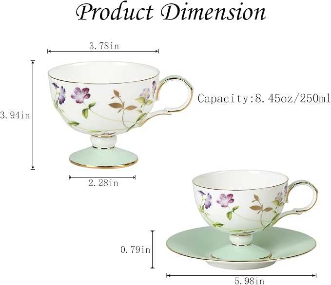 KAMMAK Ceramic Coffee Cups and Saucers Set of 2 – Handmade Porcelain Espresso Cups, 8.45 oz Bone China Tea Cup with February Orchid Pattern, Elegant Demitasse for Latte, Americano, Cappuccino