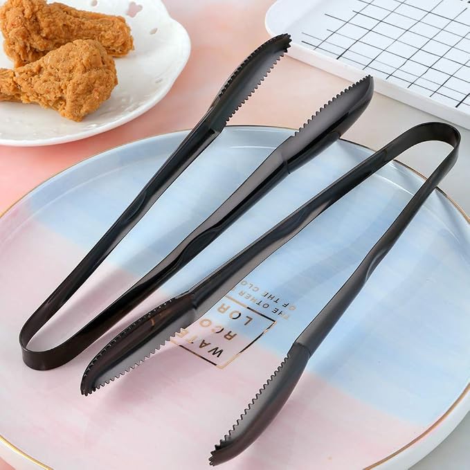 Stainless Steel Cooking Tongs for Frying, 9 Inches Serving Tongs Appetizers Charcuterie with Teeth for Parties, Food Tongs Kitchen Tongs for Nonstick Cookware, Set of 2 (Black)