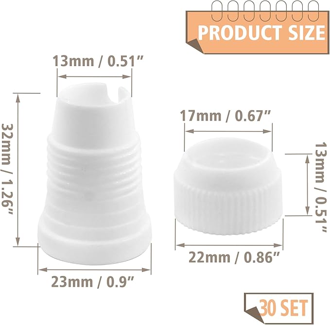 30 Pcs White Couplers for Piping Bags, Small Pipe Tip Coupler, Plastic Standard Couplers for Icing Nozzles (32 x 23mm/1.26 x 0.9 Inch)