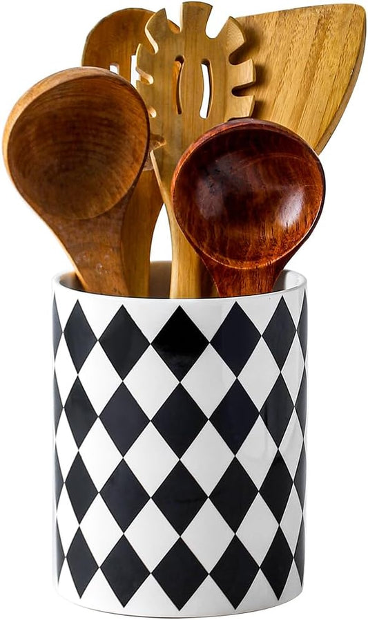 Kitchen Utensil Holder, 6.3 Inch Checkered Large Ceramic Cooking Utensil Holder Modern Utensil Crocks for Kitchen Counter-Farmhouse, Housewarming Gift, Decor and Accessories (Diamond Black, 6.3 Inch)