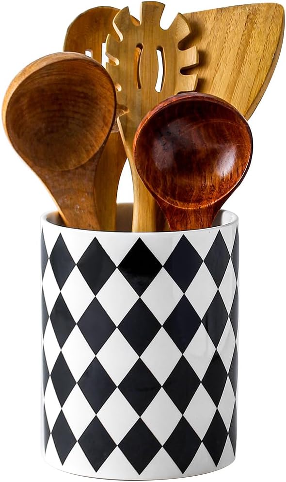 Kitchen Utensil Holder, 6.3" Ceramic Cooking Utensil Holder for Countertop, Large Utensil Crocks for Decor , Modern Farmhouse Checkered Utensil Organizer for Cooking Tools (Diamond Black, 6.3 inch)