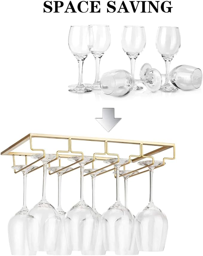 FOMANSH Wine Glass Rack - Under Cabinet Stemware Wine Glass Holder Glasses Storage Hanger 2 Pack Metal Organizer for Bar Kitchen Gold