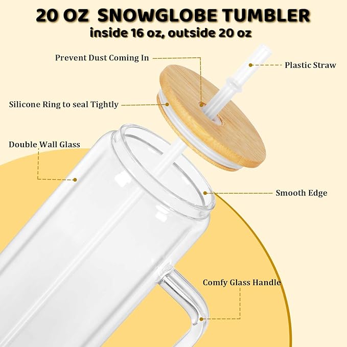 20 Oz Snow Globe Glass Cup With Handle, 4 Pack Pre-Drilled Double Wall Glass Coffee Mug For Snowglobe Diy Glitter, Double Wall Snow Globe Tumbler with Bamboo Lid