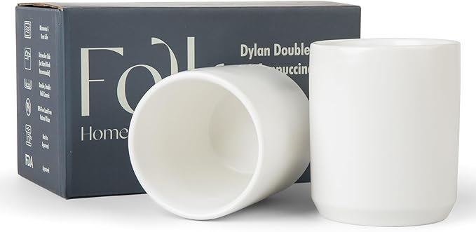 Folk Ceramics Dylan Ceramic Cappuccino Cups Set | Double Walled Ceramic Coffee Mug Set | Compact & Heat Insulated Cappuccino, Tea, Coffee & Latte Cup | 8oz, Set of 2 | Whisper White